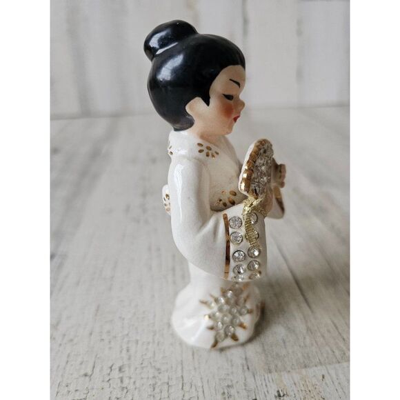 Lefton vintage geisha lady fan statue figurine rhinestone Japanese - Picture 5 of 8